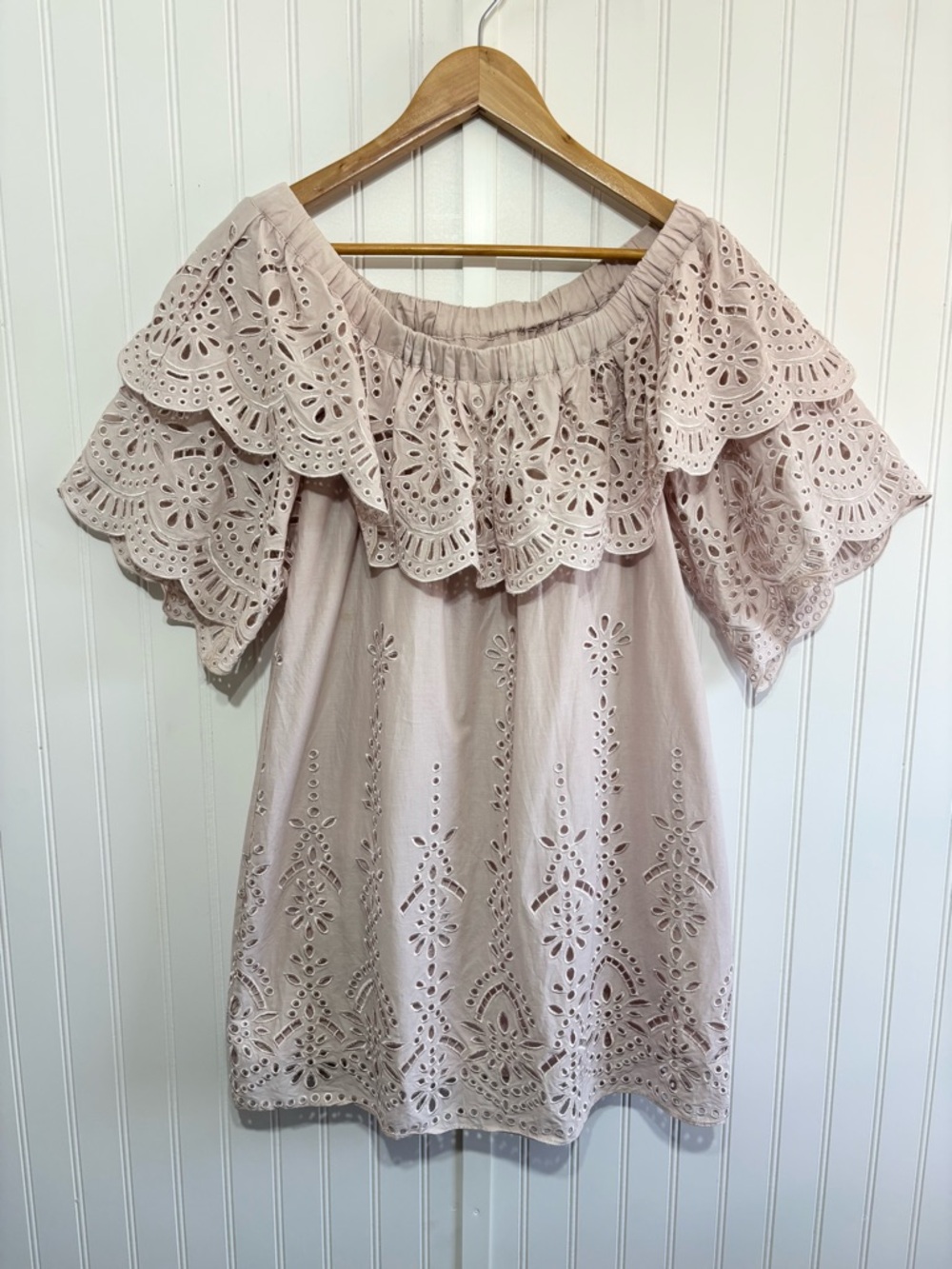 Parker Blush Pink Eyelet Off Shoulder Dress Flounce Sleeve Boho Mini Size S